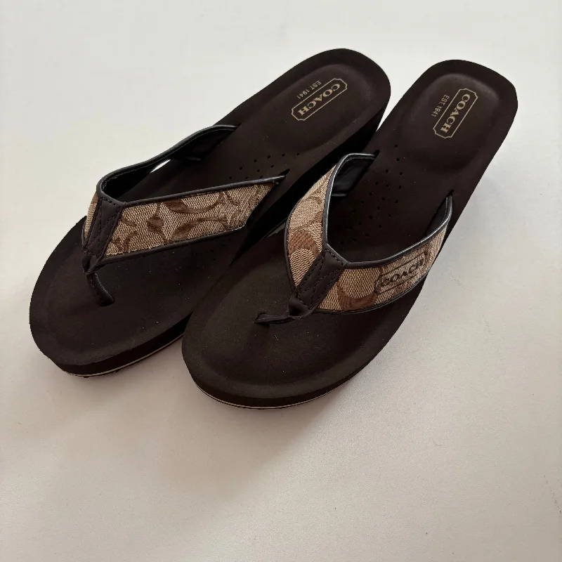 Comfortable Formal Footwear Sandals Heels Block By Coach O In Brown, Size: 9