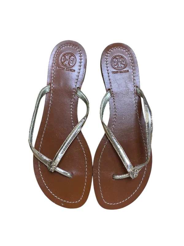 Luxury Leather Sneakers Sandals Flip Flops By Tory Burch In Brown & Gold, Size: 9.5