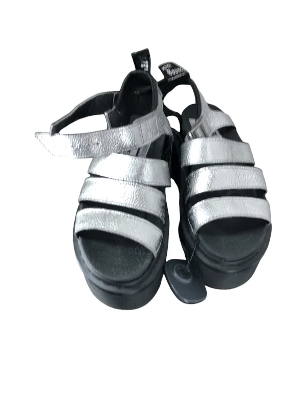 Sporty Hiking Shoes Sandals Heels Block By Dr Martens In Silver, Size: 6