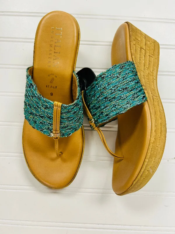 Classic Hiking Footwear Sandals Heels Wedge By Italian Shoemakers In Teal, Size: 9