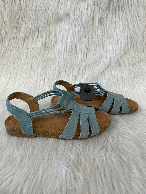High Fashion Work Boots Sandals Heels Wedge By Earth Origins In Blue & Brown, Size: 9 High Fashion Work Boots Sandals Heels Wedge By Earth Origins In Blue & Brown, Size: 9