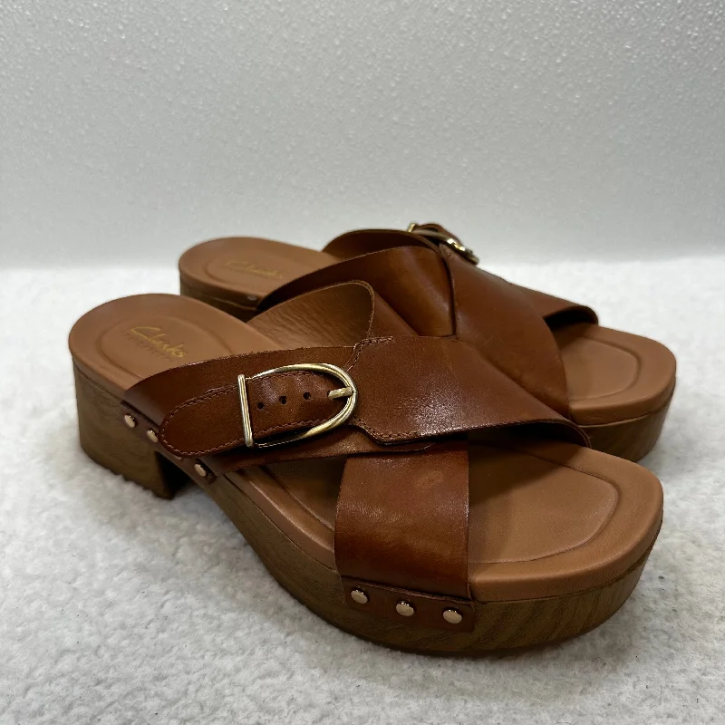 Fashionable Work Boots Sandals Heels Block By Clarks In Tan, Size: 7.5