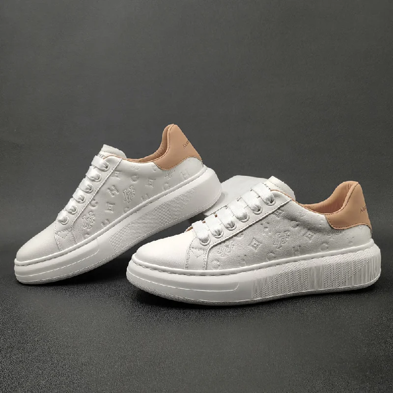 Comfortable Athletic Shoes Men Fashion Embossed Leather Flat Casual Sneakers