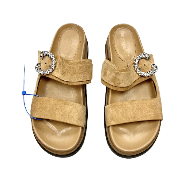 Sporty Casual Sneakers Sandals Luxury Designer By Jimmy Choo In Tan, Size: 9