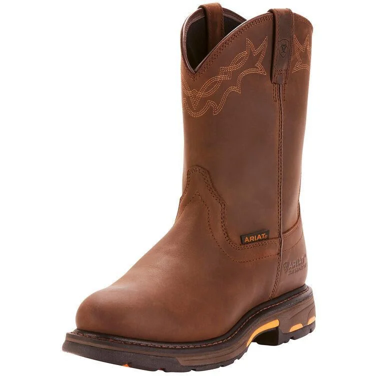 Slip-On Shoes For Men Ariat Men's WorkHog 10" Soft Toe WP Western Work Boot - Oily Brown - 10001198