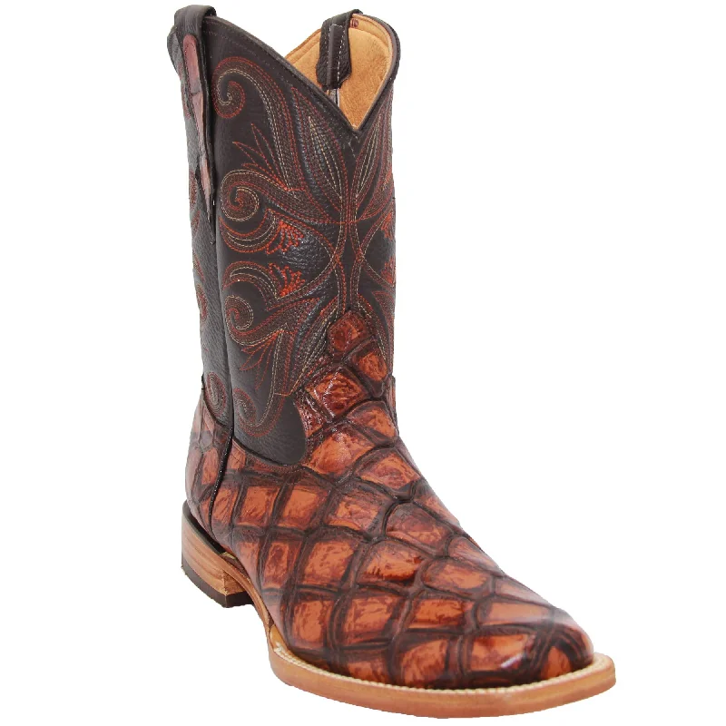 Sporty Hiking Shoes Men’s Leather Fish Print Square Toe Cowboy Boot