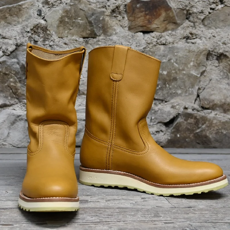 Designer Hiking Boots Nutted Calf Men's Super Lettuce Picker 9" Top with Tan Cowhide Vamp and Top, White Wedge Sole