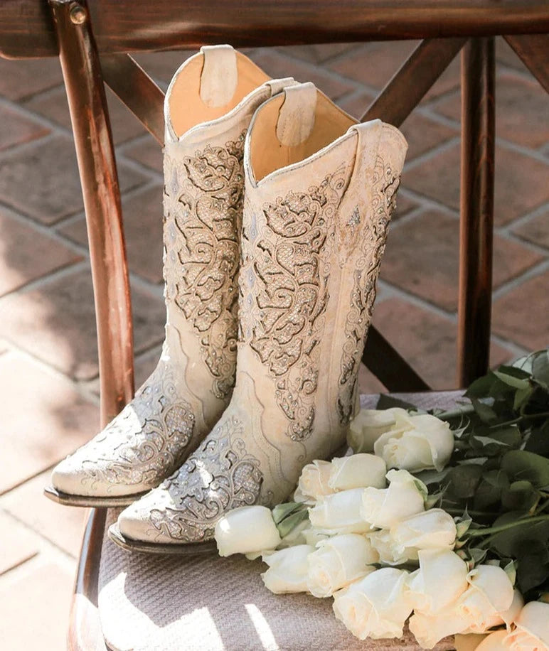 Trendy Boots Online Corral Women's Boot A3322 White Glitter Crystals Wedding Boot