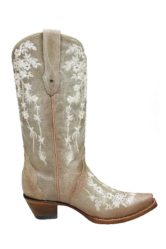 High Fashion Work Boots Corral Women's Bone Floral Embroidered Swarovski Crystal Boots C3178