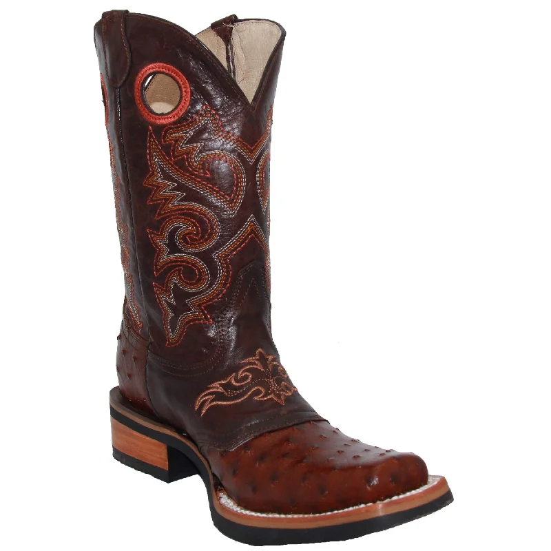 Elegant Wedding Shoes Mens Genuine Leather Square Toe Ostrich Print Rodeo Boots