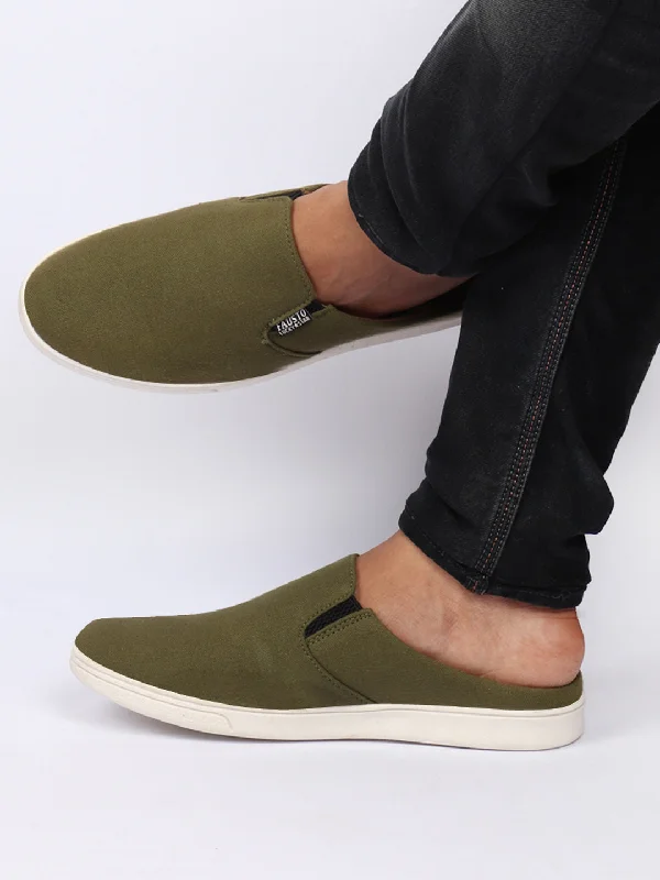 High Fashion Footwear Men Olive Green Casual Back Open Canvas Stylish Slip On Shoes