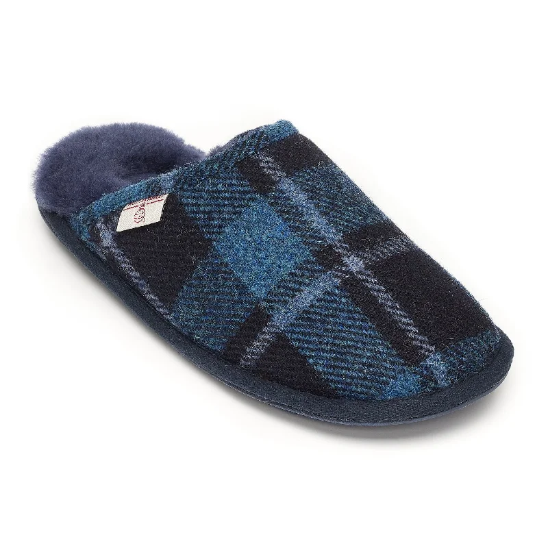 Comfortable Slippers Online William - Harris Tweed Mule - Navy / Grey Tartan Check