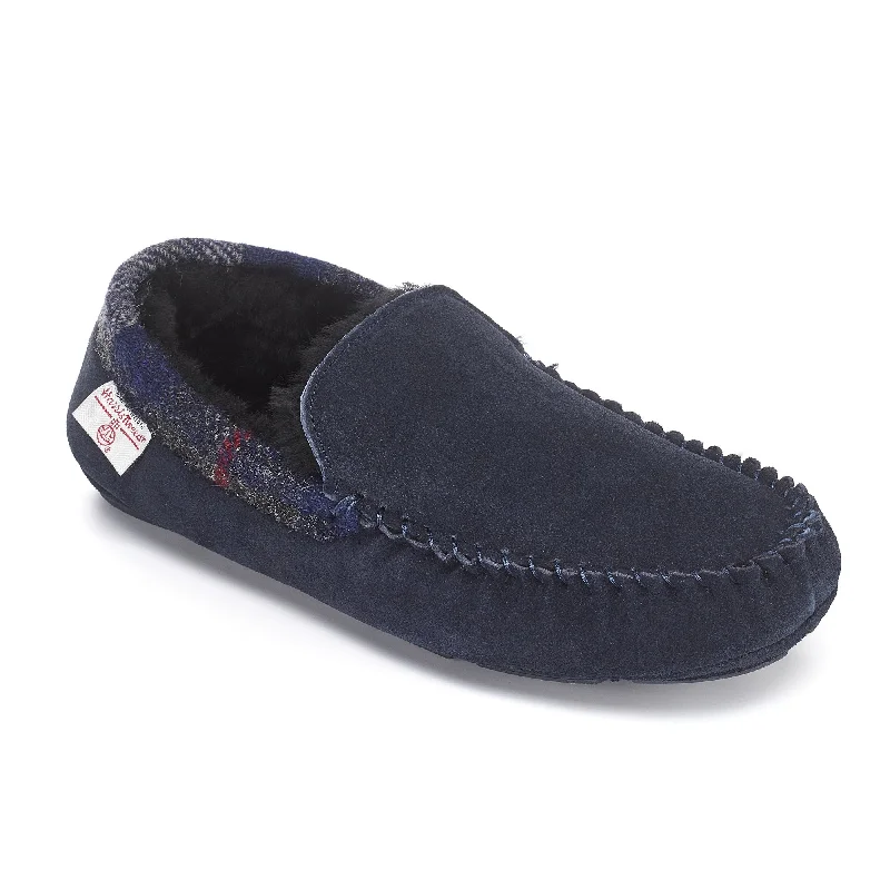 Casual Sandals Collection Hanks- Suede Moccasin With Harris Tweed - Navy