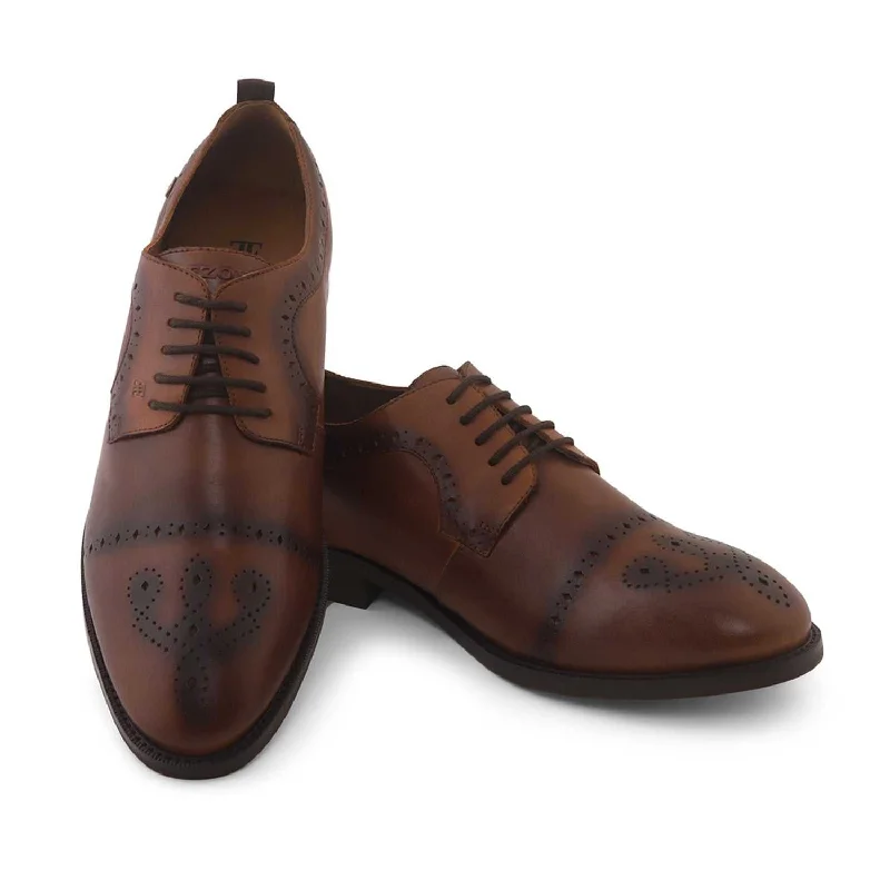 Comfortable Platform Boots Ezok Men Tan Burnish Finish Perforated Leather Derby Shoes