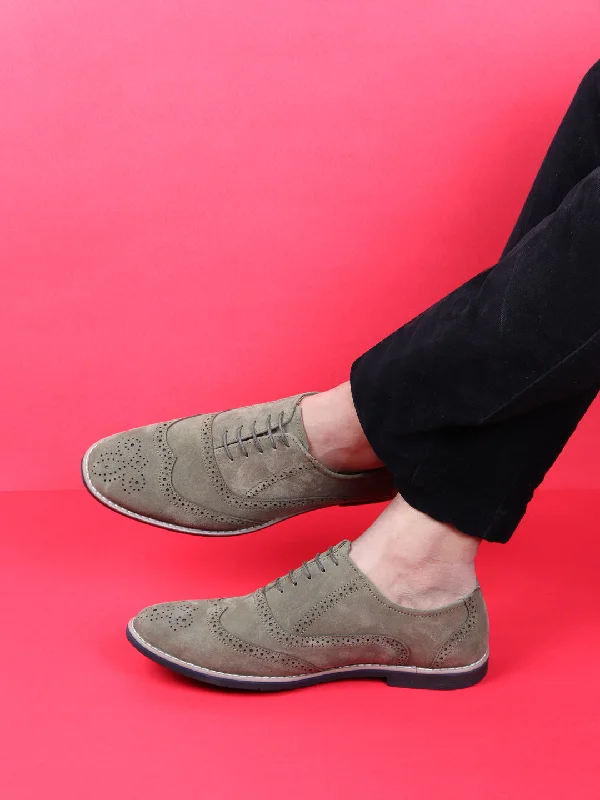 Winter Hiking Sneakers Men Olive Suede Leather Brogue Shoes with TPR Welted Sole
