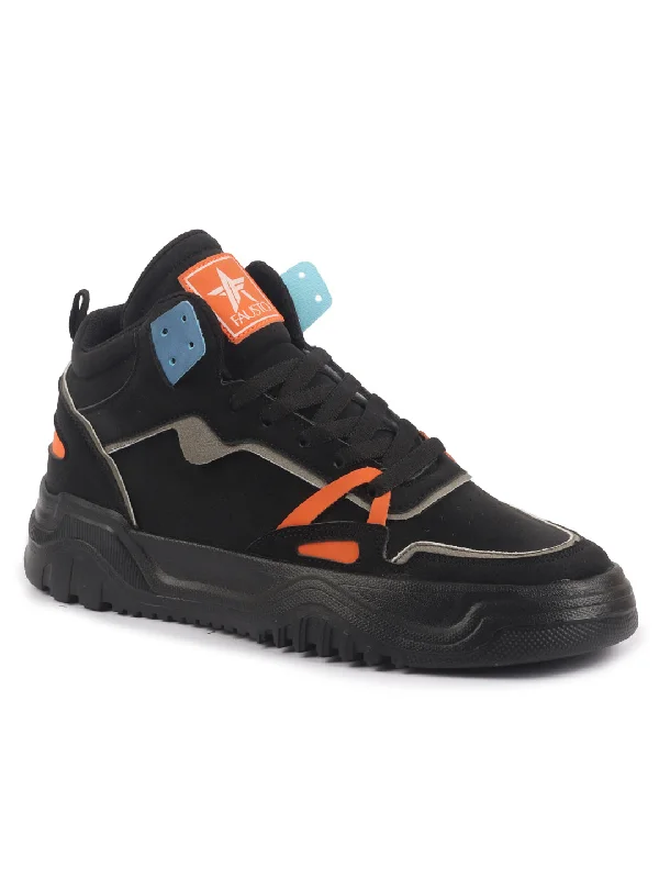Leather Sandals For Sale Men Black Colorblocked High Top Feather Lite Lace Up Sneakers|High Ankle Sneaker Shoes|Chunky Lace Up Casual Shoes