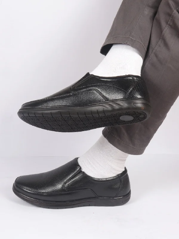 Comfortable Platform Shoes Men Black Genuine Leather Textured Formal Slip On Flat Heel Shoes For Office|Work|Broad Feet Formal Shoes