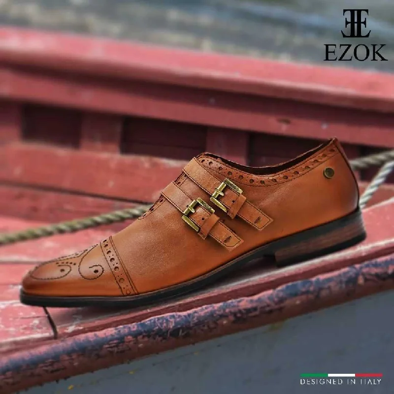 Fashionable Work Sneakers Ezok Men Tan Double Monk Strap Shoes