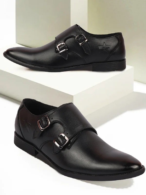 Trendy Boots Online Men Black Formal Wedding Party Genuine Leather Double Monk Strap Shoes