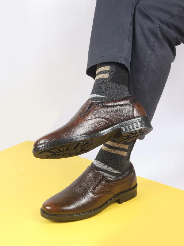 Sporty Casual Shoes Men Brown Genuine Burnish Leather Formal Dress Slip On Shoes With Memory Cushion Footbed For Office|Work|Loafer|Half Shoes|Cut Shoe