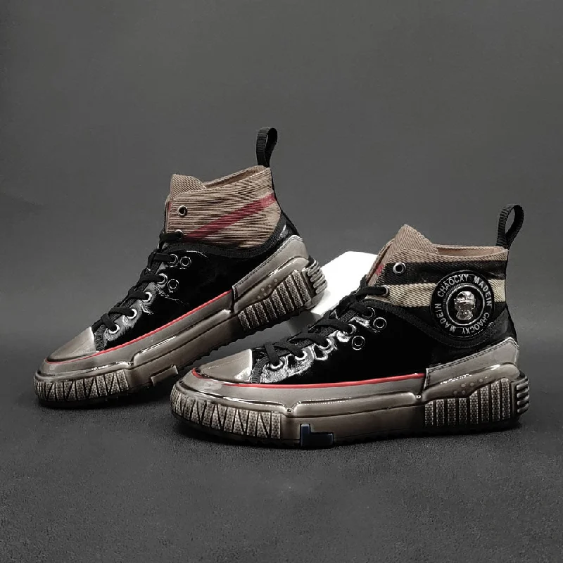 Comfortable Heeled Shoes Men Stylish Glossy Leather Patchwork High Top Casual Shoes