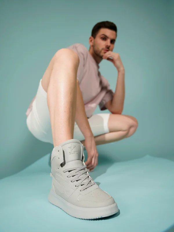Best Work Boots FAUSTO Men Grey High Top Chunky Classic Lace Up Sneakers|High Ankle Sneakers With Memory Cushion|Lightweight All Day Sneakers