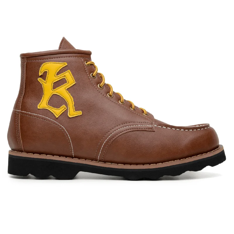 Stylish High Heel Sandals 'Redwing' Vegan lace-up work boot by King55 - Cognac